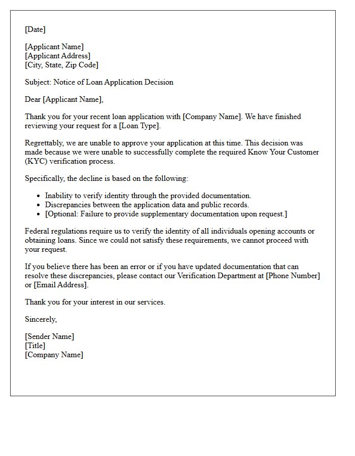 Unsuccessful Know Your Customer Verification Loan Decline Letter