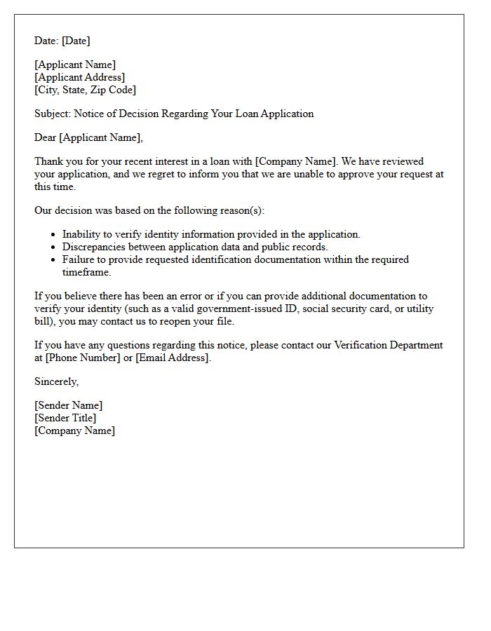 Unverified Identity Loan Application Denial Letter