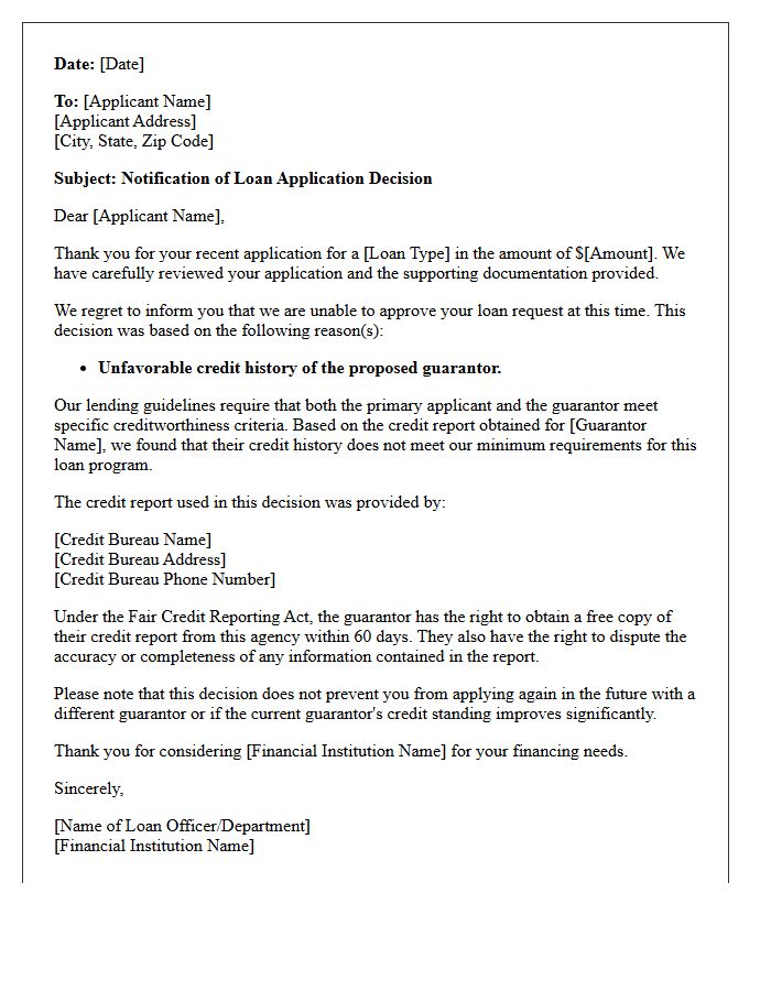 Unfavorable Guarantor Credit History Loan Rejection Letter