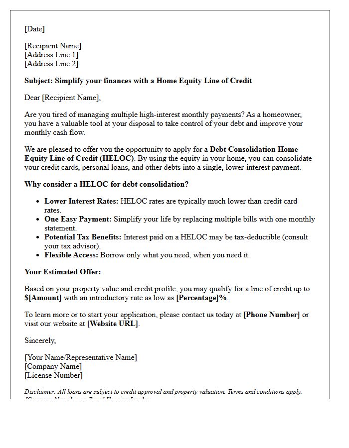 Debt Consolidation Home Equity Line of Credit Opportunity Letter