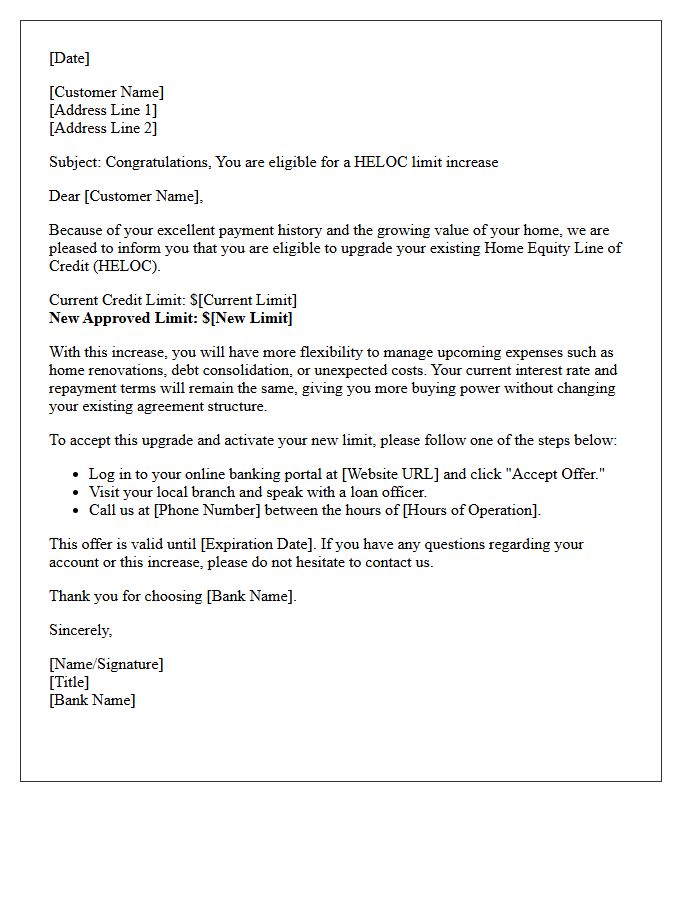 Increased Limit Home Equity Line of Credit Upgrade Letter