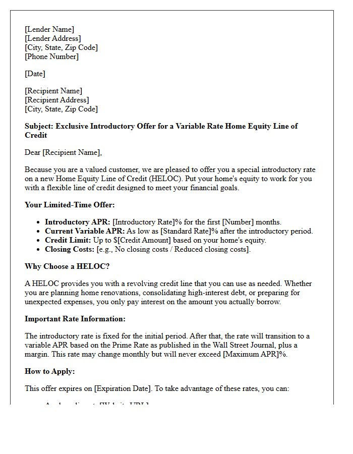 Introductory Variable Rate Home Equity Line of Credit Offer Letter
