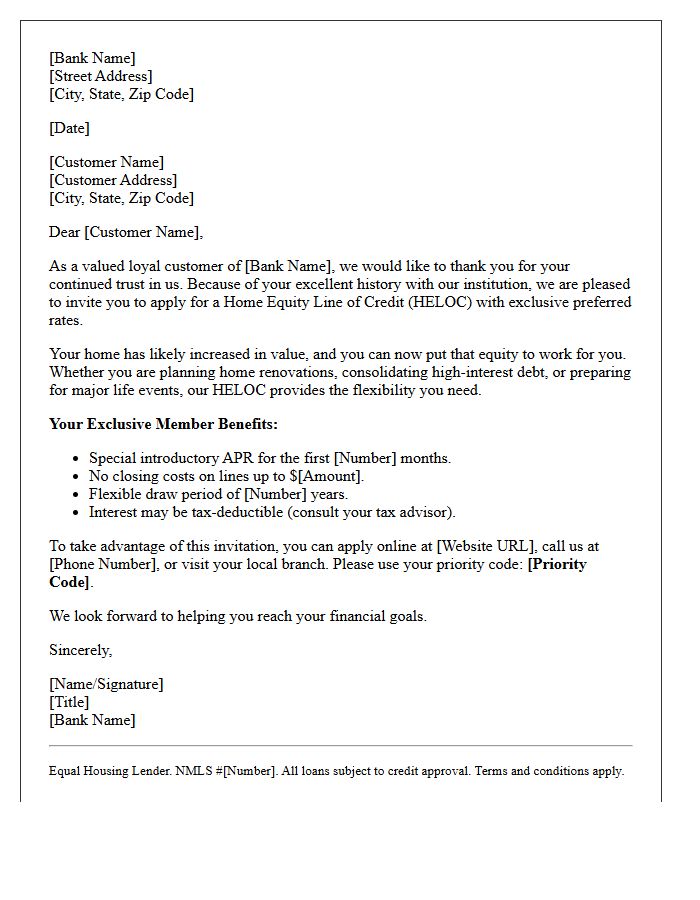 Loyal Customer Home Equity Line of Credit Invitation Letter