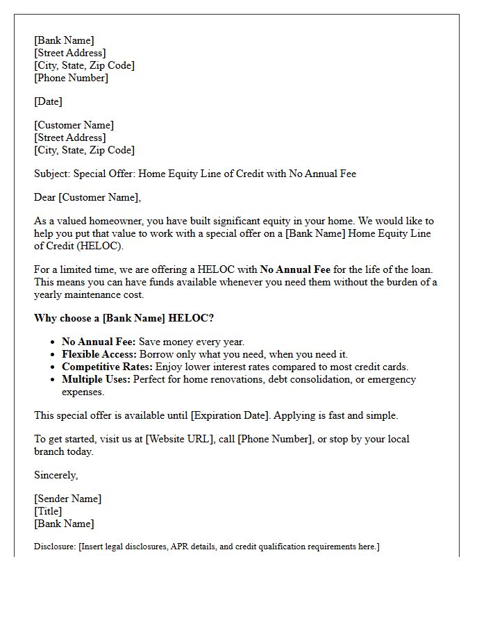 No Annual Fee Home Equity Line of Credit Special Offer Letter