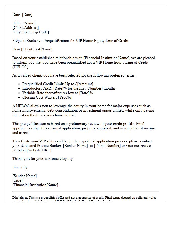 VIP Client Home Equity Line of Credit Prequalification Letter