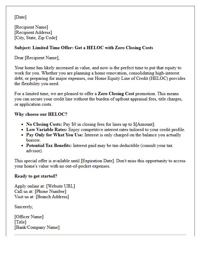 Zero Closing Cost Home Equity Line of Credit Promotional Letter