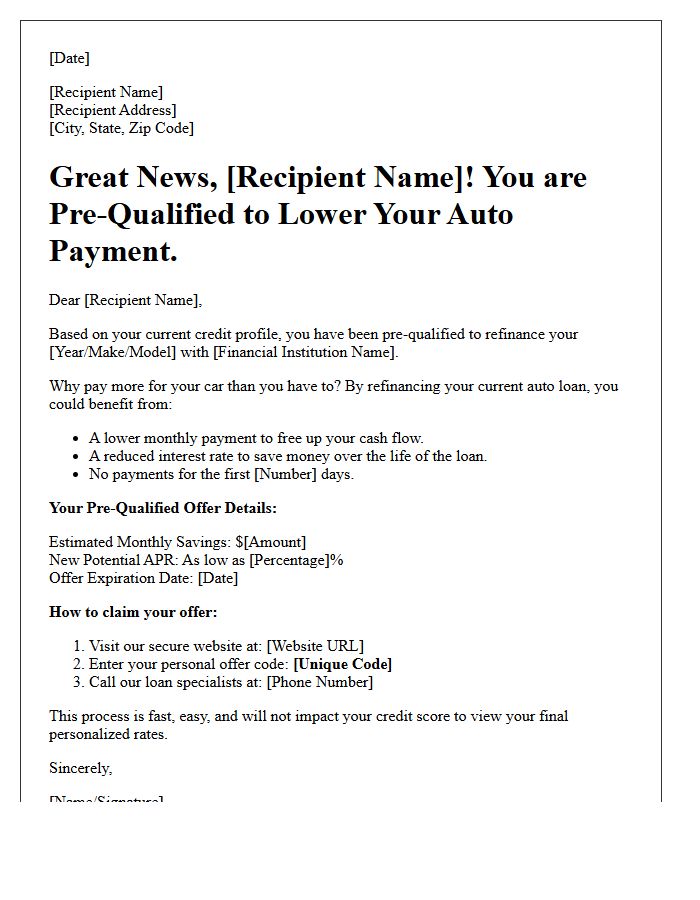 Auto Loan Refinance Pre-Qualification Marketing Letter