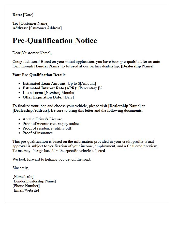 Dealership Partner Auto Loan Pre-Qualification Letter