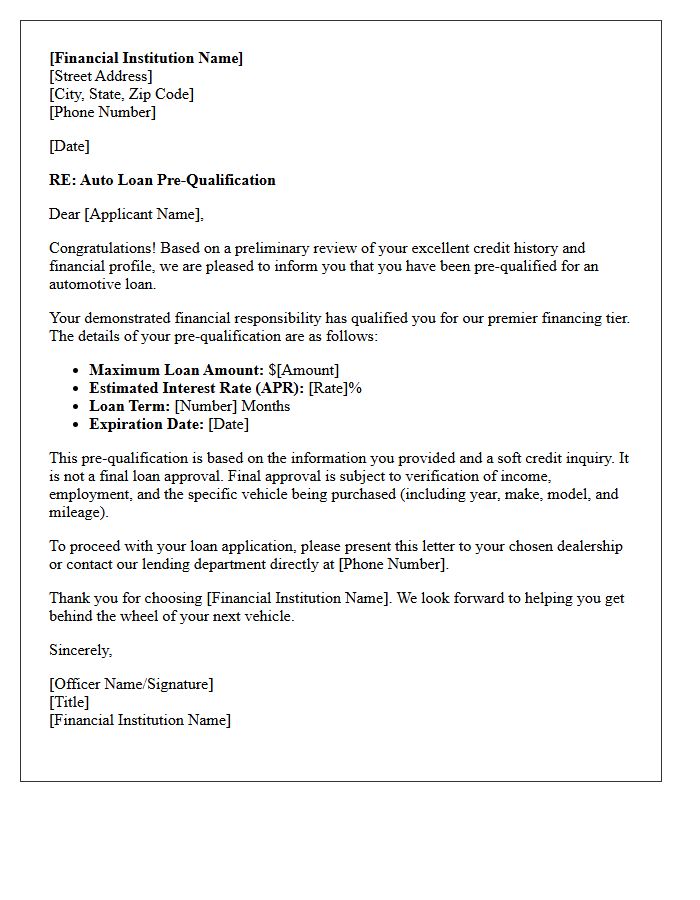 Excellent Credit Auto Loan Pre-Qualification Letter