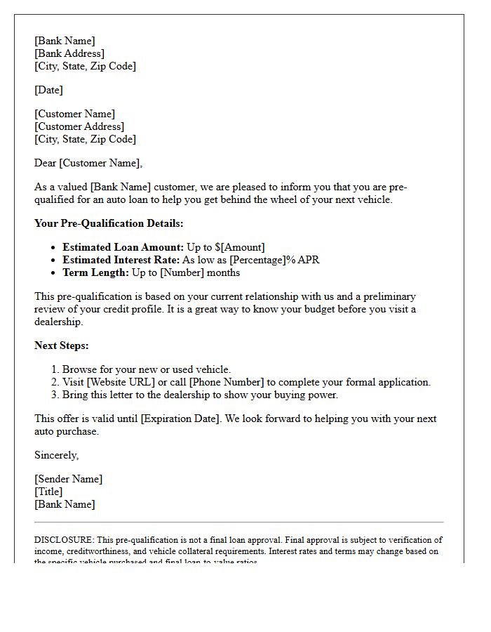 Existing Customer Auto Loan Pre-Qualification Letter