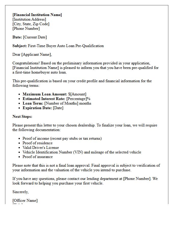 First-Time Buyer Auto Loan Pre-Qualification Letter