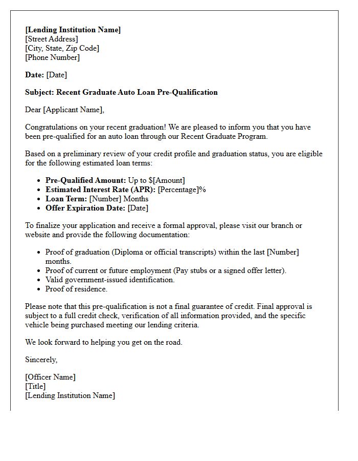 Recent Graduate Auto Loan Pre-Qualification Letter