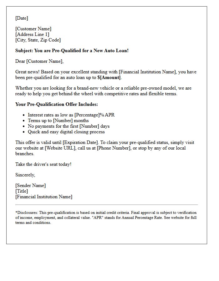 Standard Auto Loan Pre-Qualification Marketing Letter