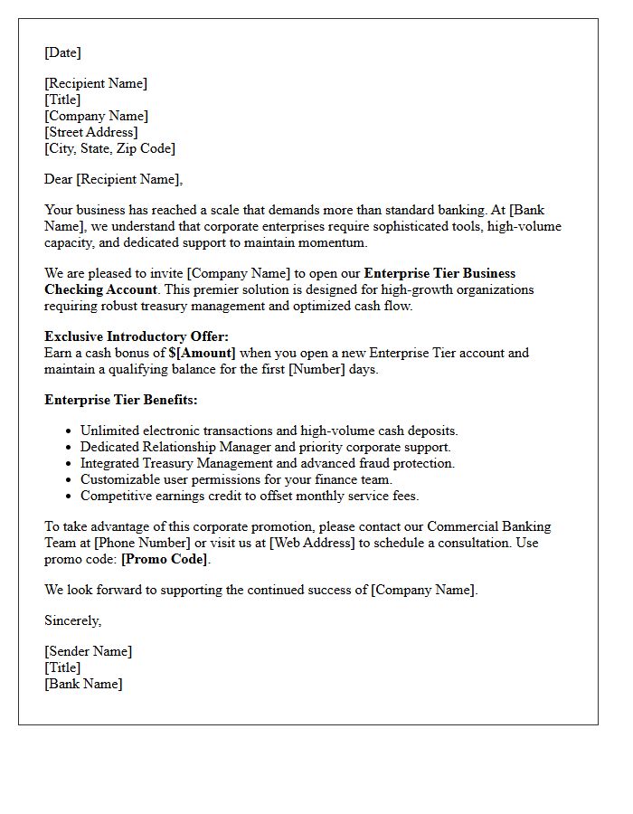 Corporate Enterprise Tier New Business Checking Account Promotional Letter