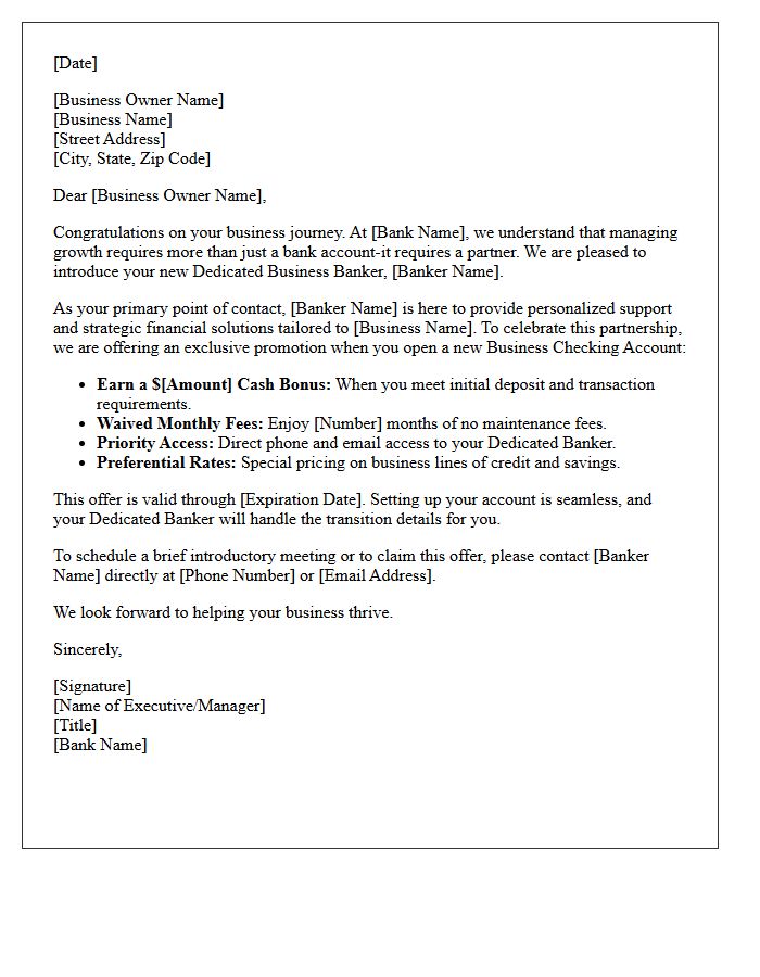 Dedicated Banker Support New Business Checking Account Promotional Letter