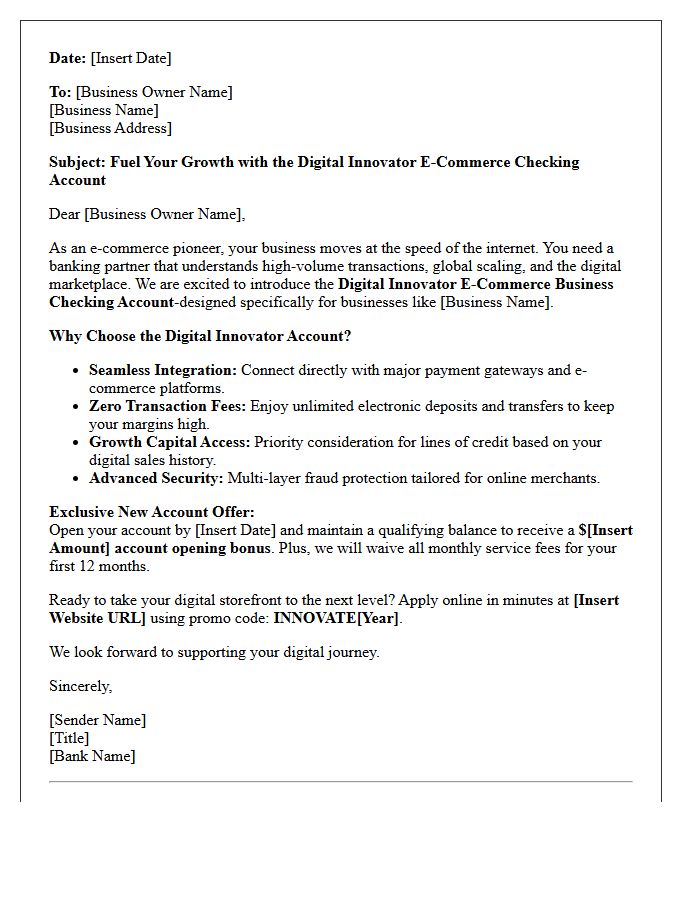 Digital Innovator E-Commerce New Business Checking Account Promotional Letter