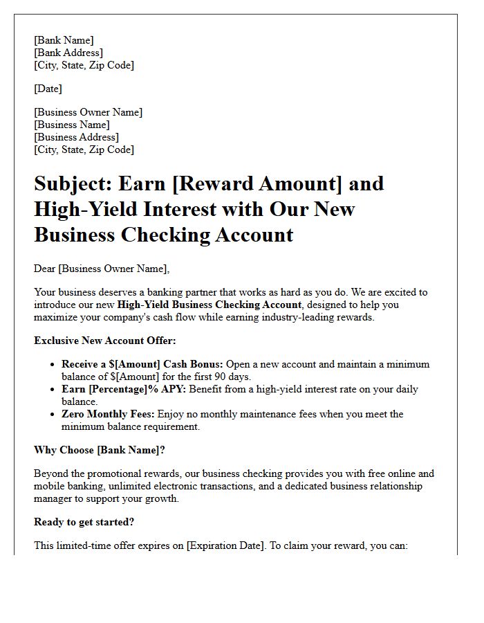 High Yield Reward New Business Checking Account Promotional Letter
