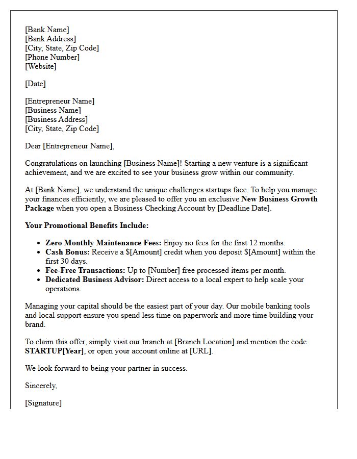 Local Entrepreneur Startup New Business Checking Account Promotional Letter