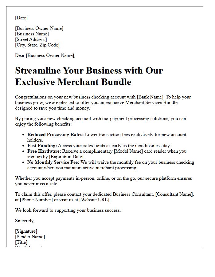 Merchant Services Bundle New Business Checking Account Promotional Letter