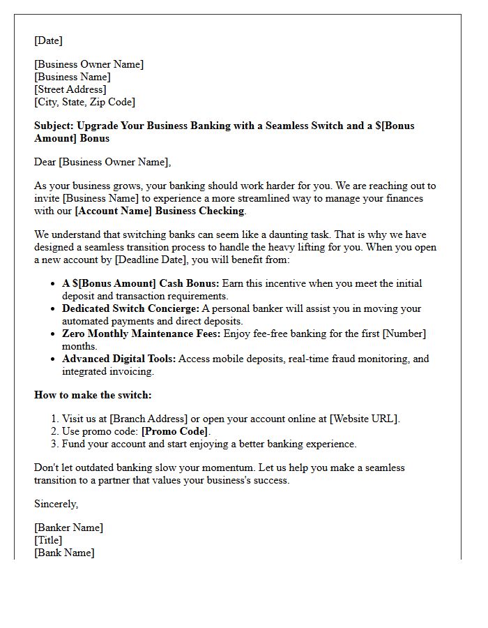 Seamless Switch Transition New Business Checking Account Promotional Letter