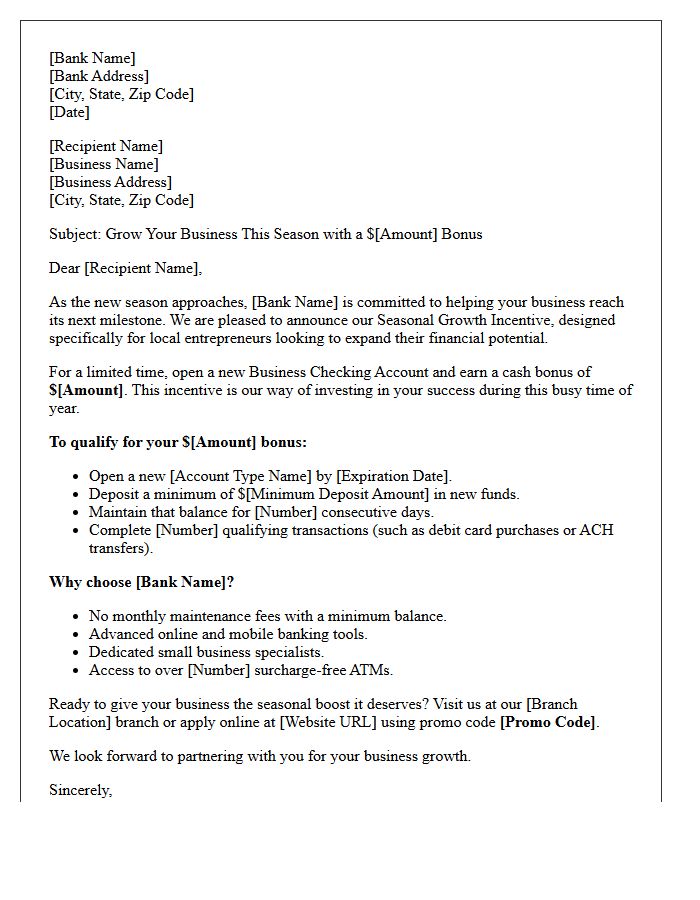 Seasonal Growth Incentive New Business Checking Account Promotional Letter