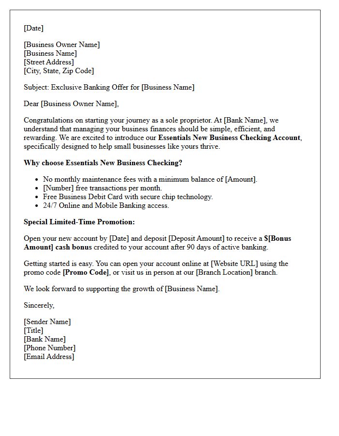 Sole Proprietor Essentials New Business Checking Account Promotional Letter