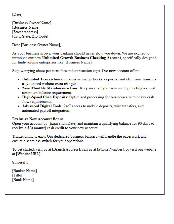 Unlimited Transaction Volume New Business Checking Account Promotional Letter