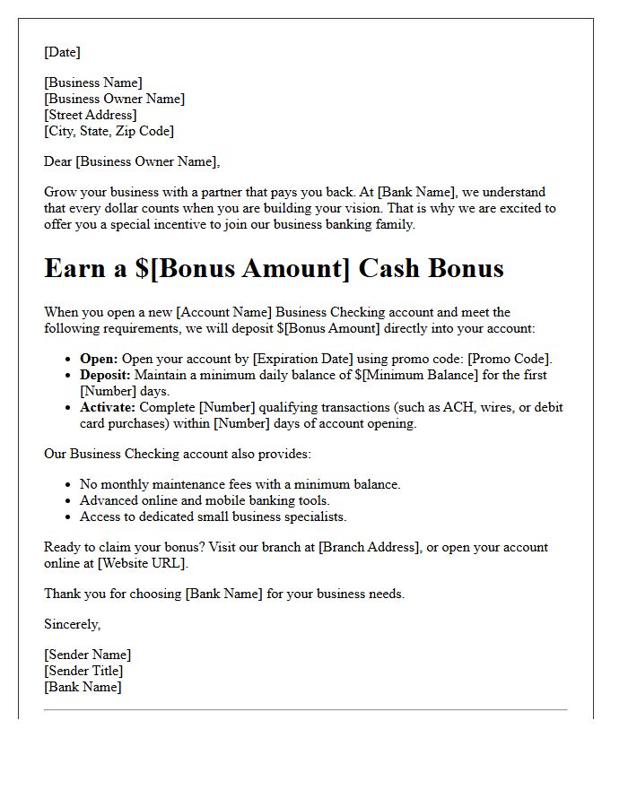 Welcome Cash Bonus New Business Checking Account Promotional Letter