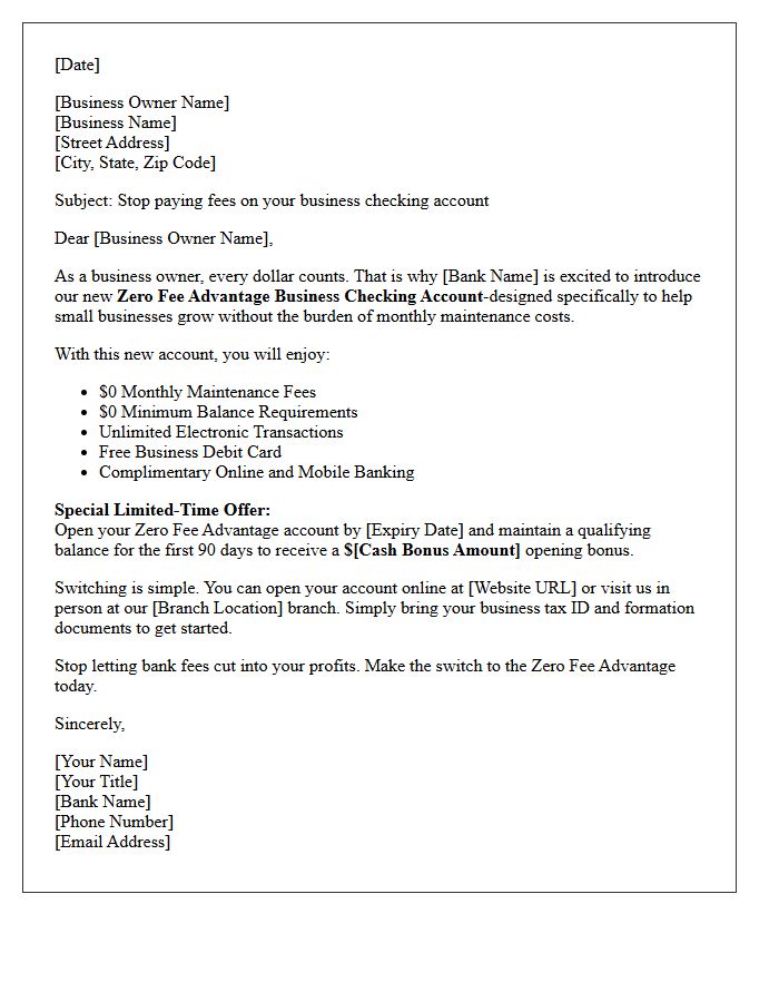 Zero Fee Advantage New Business Checking Account Promotional Letter