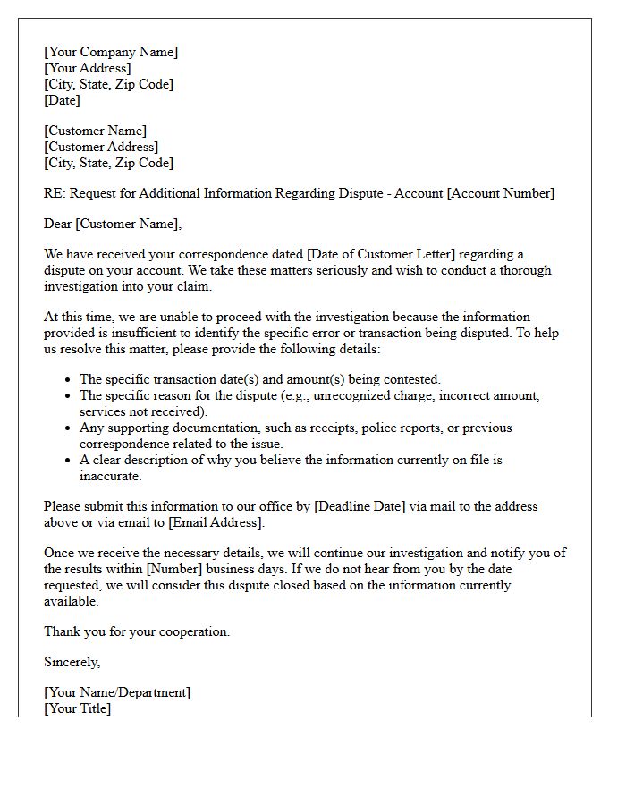 Insufficient Dispute Information Request Letter