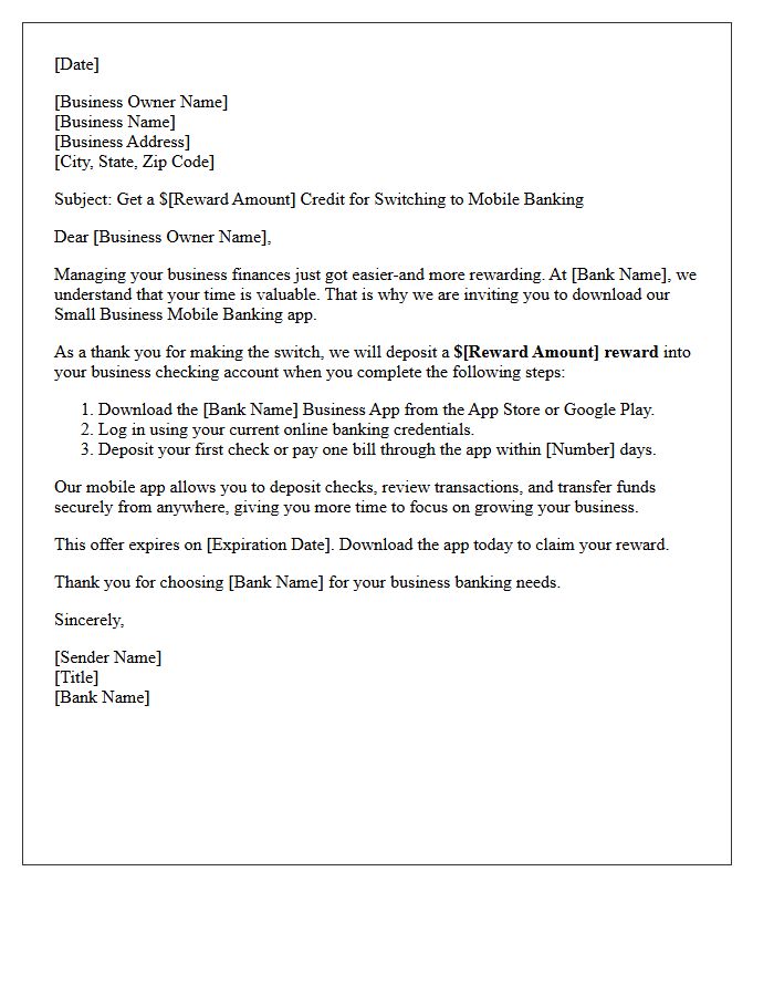 Small Business Mobile Banking App Download Reward Letter