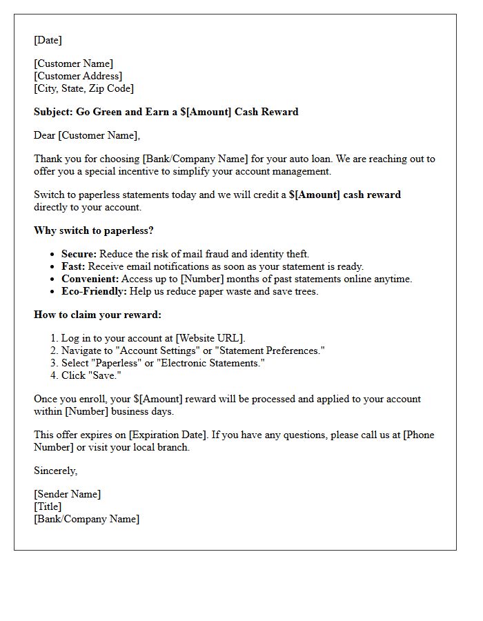 Auto Loan Paperless Statement Cash Reward Promotional Letter