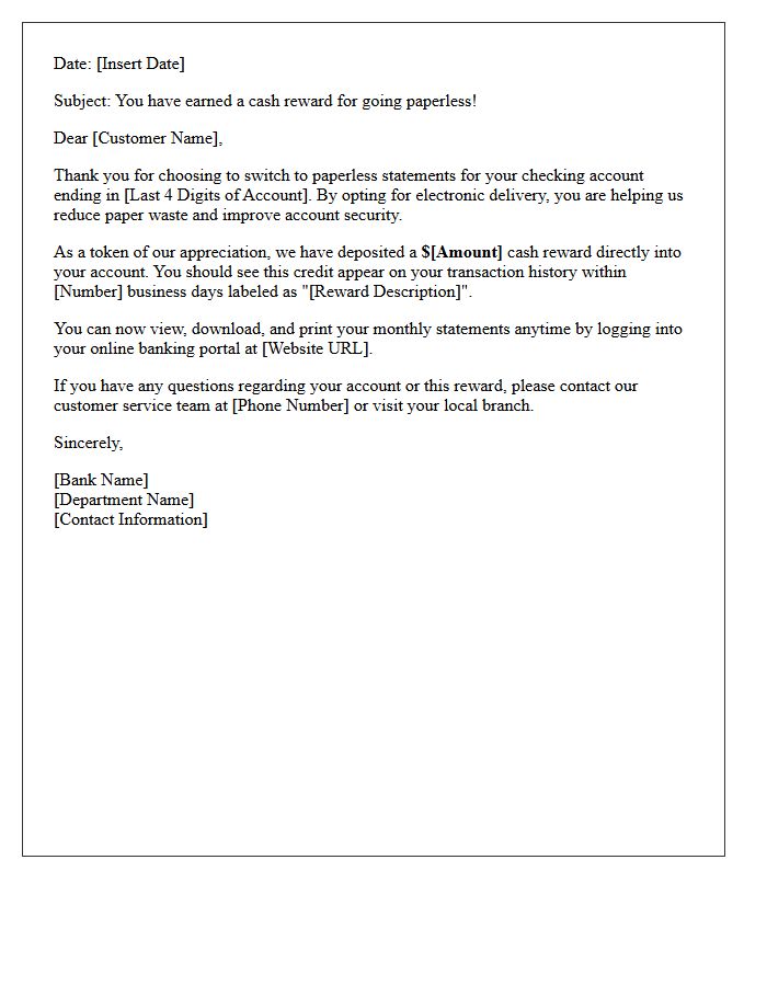Checking Account Switch to Paperless Cash Reward Letter