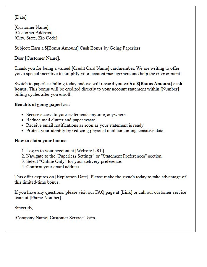Credit Card Statement Paperless Billing Cash Bonus Letter