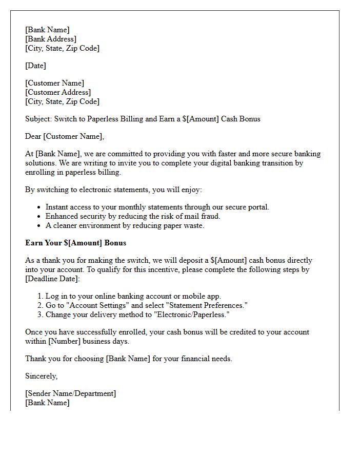 Digital Banking Transition Paperless Billing Cash Bonus Letter