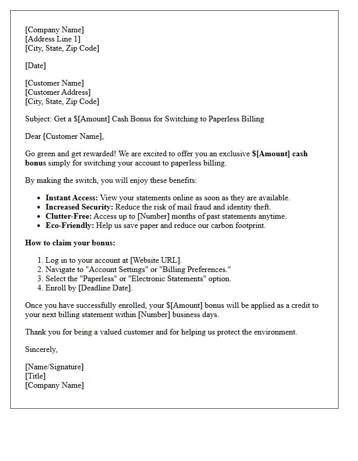Exclusive Cash Bonus Paperless Billing Enrollment Letter