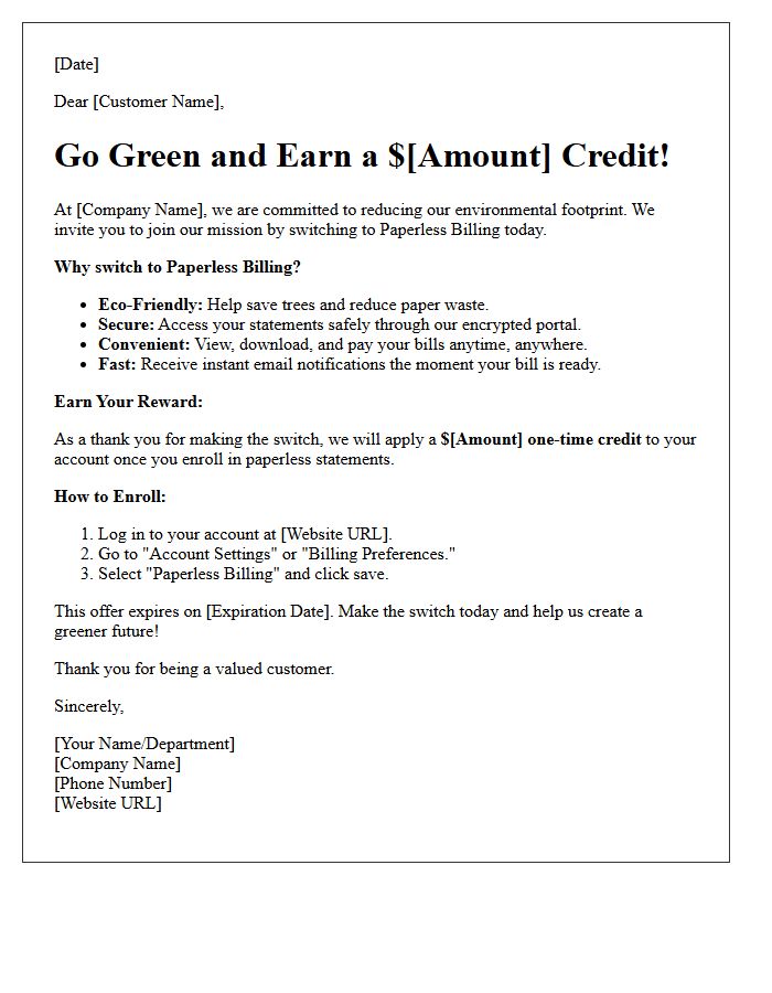Go Green and Earn Cash Paperless Billing Promotional Letter