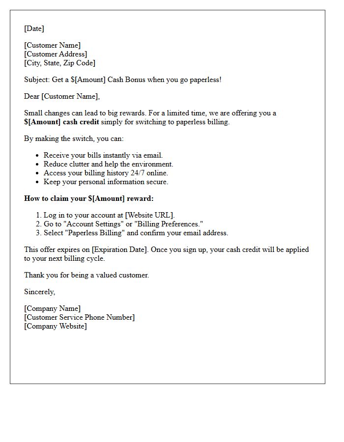 Limited Time Cash Offer Paperless Billing Promotional Letter