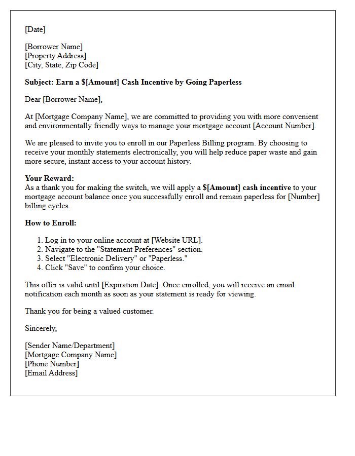 Mortgage Account Paperless Billing Cash Incentive Letter
