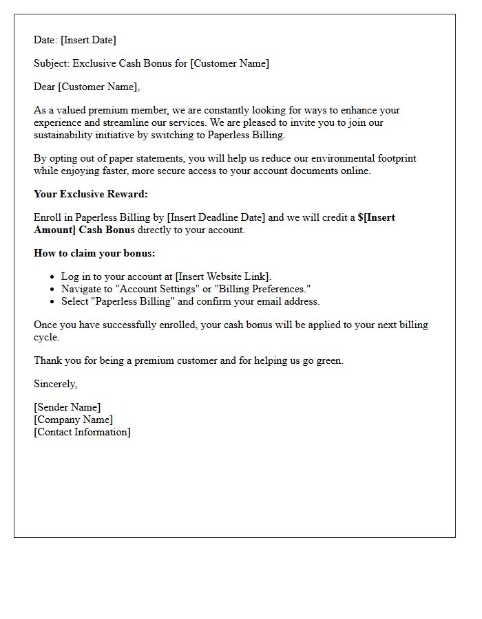 Premium Customer Paperless Billing Cash Bonus Invitation Letter
