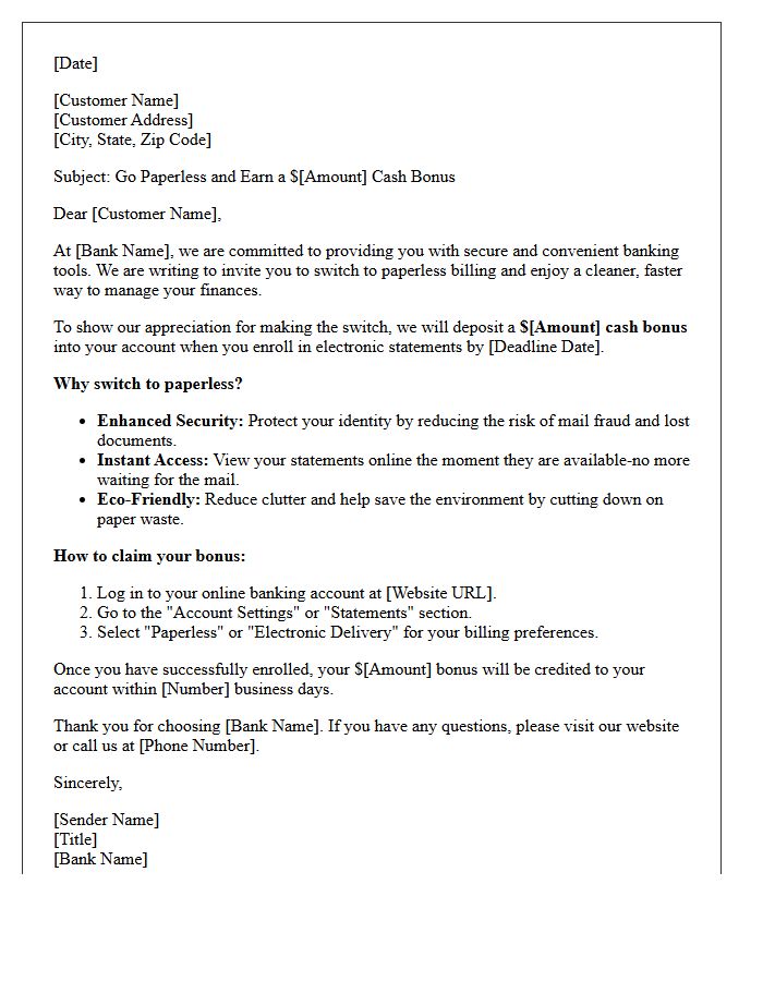 Secure Online Banking Paperless Billing Cash Bonus Letter