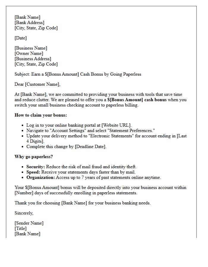 Small Business Banking Paperless Billing Cash Bonus Letter