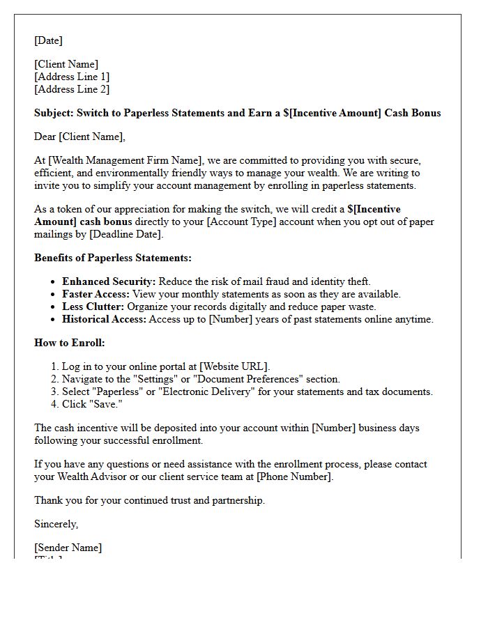 Wealth Management Paperless Statements Cash Incentive Letter