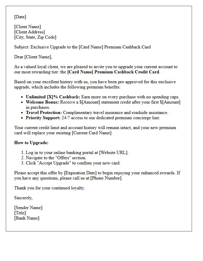 Loyal Client Premium Cashback Credit Card Upgrade Letter
