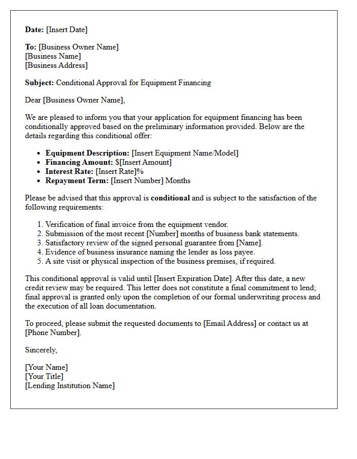 Conditional Small Business Equipment Financing Letter
