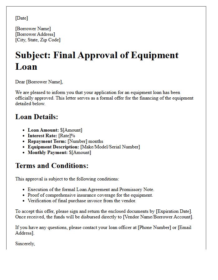 Final Approval Equipment Loan Offer Letter