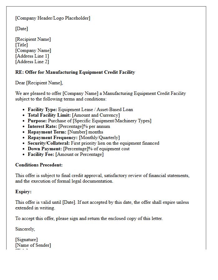 Manufacturing Equipment Credit Facility Offer Letter