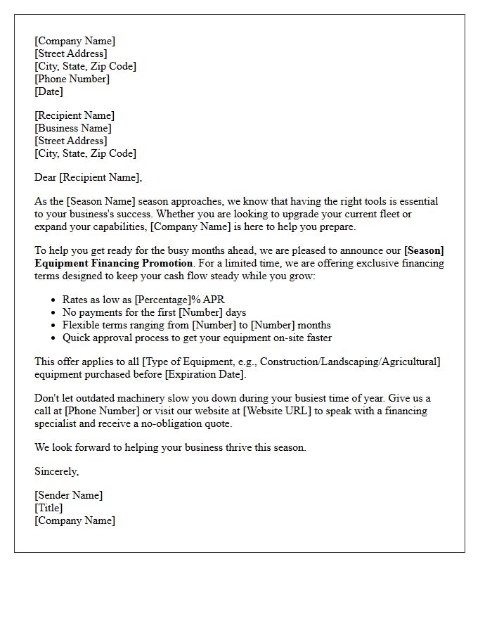 Seasonal Equipment Financing Promotional Letter