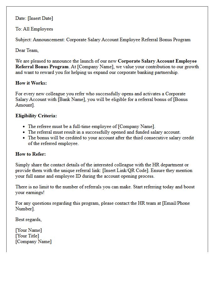 Corporate Salary Account Employee Referral Bonus Program Announcement Letter