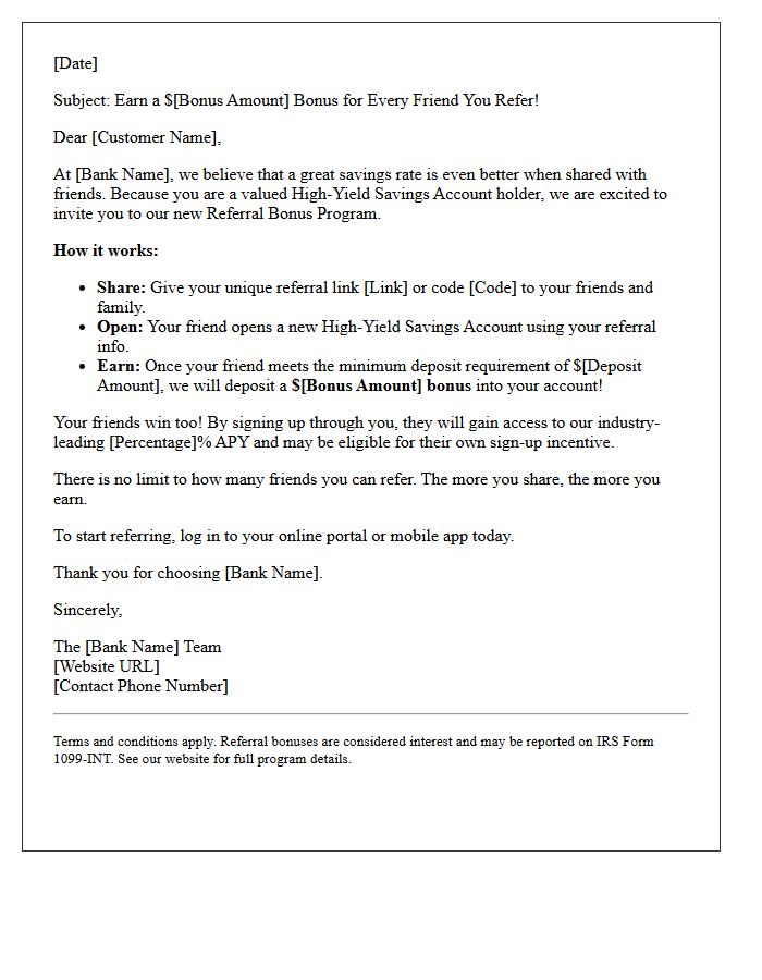 High-Yield Savings Account Referral Bonus Program Announcement Letter